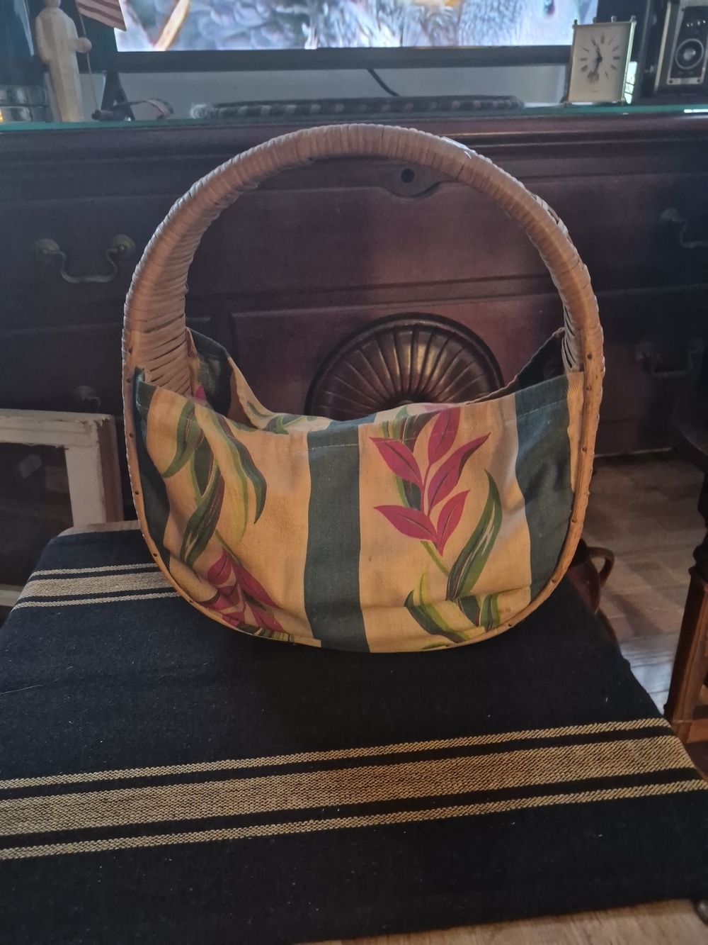 BarkCloth Handbag Tote 1940s Rattan Handle Multi Color Mid-century Miami Beach